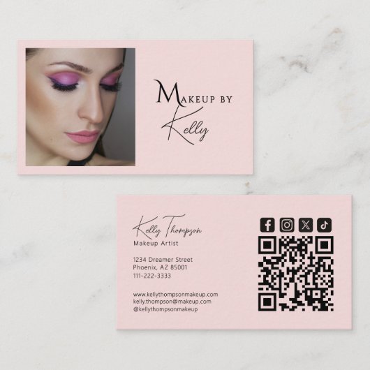 Carte De Visite Icône sociale Qr Code Maquilleuse Rose Poudré (Devant / Derrière)