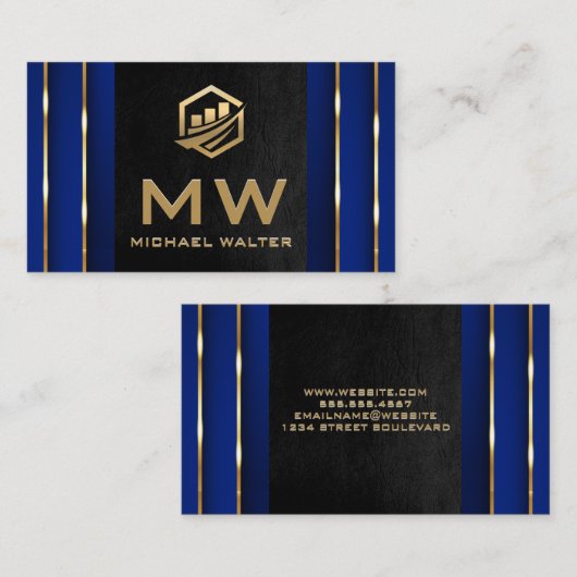 Carte De Visite Icône technique Gold Fin | Bleu or cuir noir (Devant / Derrière)