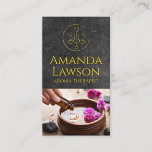 Carte De Visite Icône Yoga   Arrière - plan d'ardoise   Aroma Huil