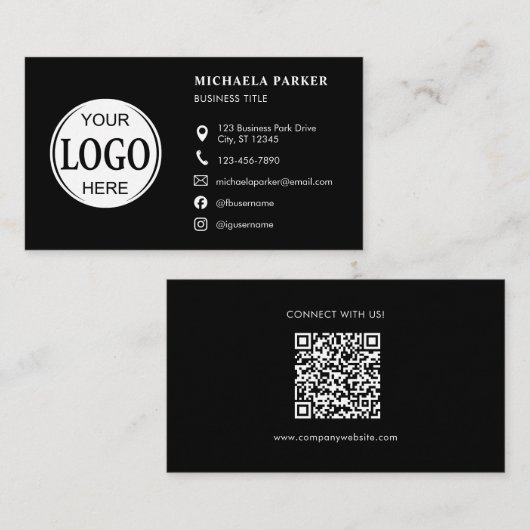 Carte De Visite Icônes de logo personnalisés Code QR noir moderne (Devant / Derrière)