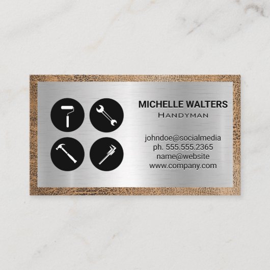 Carte De Visite Icônes des outils main | Métal et cuir usé (Devant)