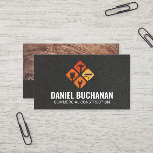 Carte De Visite Icônes d'outils de construction | Entrepreneur gén (Devant/Arrière en situation)