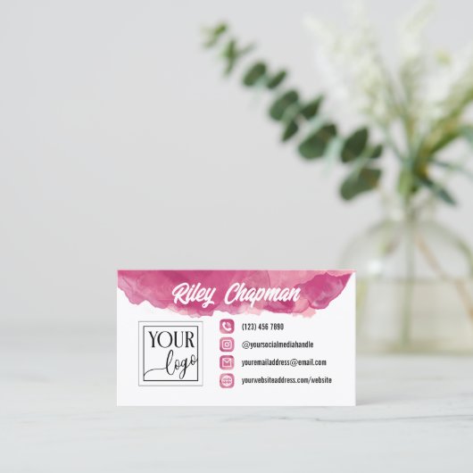 Carte De Visite Icônes Fuchsia Aquarelle Ajouter Logo & Photo (Debout devant)