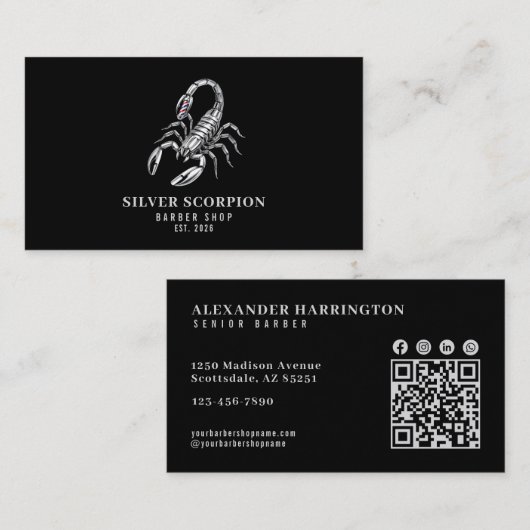 Carte De Visite Icônes Sociaux Code Qr Salon De Coiffure Scorpion  (Devant / Derrière)