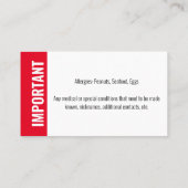 Carte De Visite Identification de l'enfant photo d'une allergie d' (Dos)