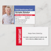 Carte De Visite Identification de l'enfant photo d'une allergie d' (Devant / Derrière)