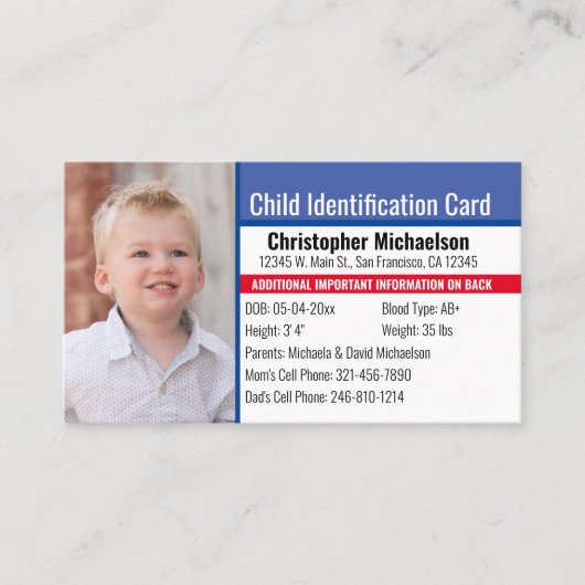 Carte De Visite Identification de l'identité de l'enfant Allergie (Devant)
