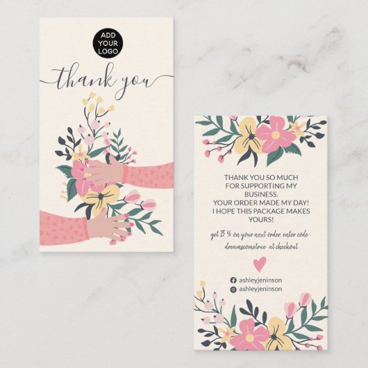 Carte De Visite Illustration des bras fleuris roses Merci (Devant / Derrière)