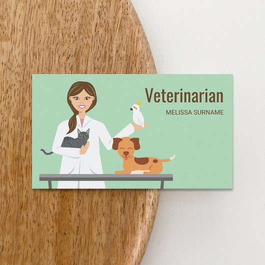 Carte De Visite Illustration d'une femme vétérinaire avec animaux
