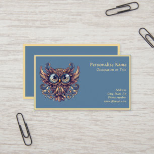Carte De Visite Illustration élégante de chouette bleue et dorée s