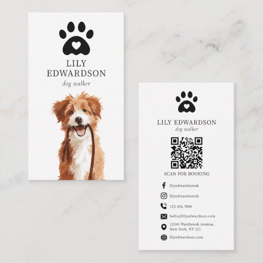 Carte De Visite Illustration mignonne Code QR empreinte de patte d (Devant / Derrière)