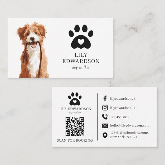 Carte De Visite Illustration mignonne Code QR pour promeneur de ch (Devant / Derrière)