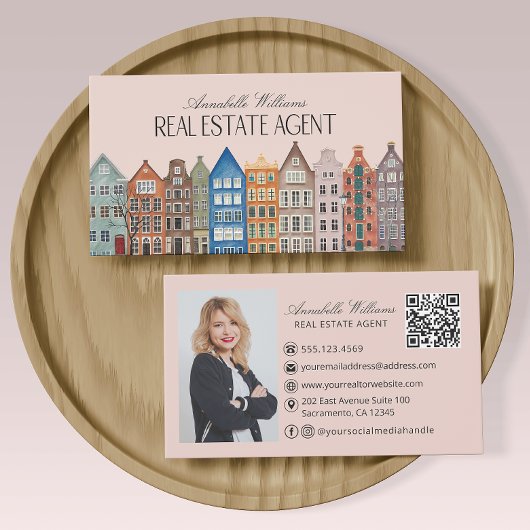 Carte De Visite Immobilier Agent aquarelle Maisons QR Code
