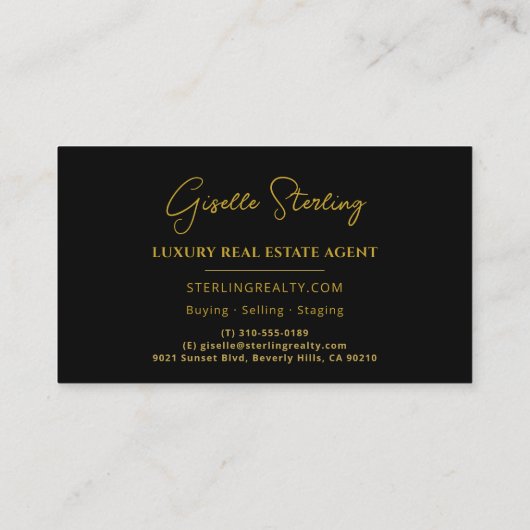 Carte De Visite Immobilier Black Gold Script de luxe professionnel (Dos)