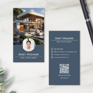 Carte De Visite Immobilier Bleu Photo QR Code Médias sociaux