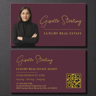Carte De Visite Immobilier Bourgogne Or QR Code Script Luxe