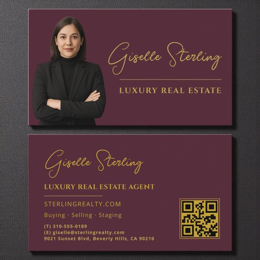 Carte De Visite Immobilier Bourgogne Or QR Code Script Luxe
