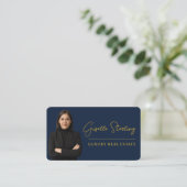 Carte De Visite Immobilier de Luxe Bleu Nuit Or Script (Debout devant)