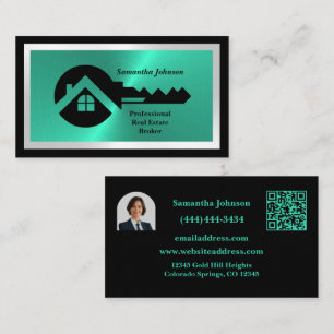 Carte De Visite Immobilier Luxueux Noir & Turquoise Code QR Photo