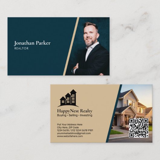 Carte De Visite Immobilier Moderne avec Photo & Code QR (Devant / Derrière)