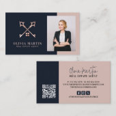 Carte De Visite Immobilier Navy & Blush Photo (Devant / Derrière)