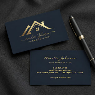 Carte De Visite Immobilier Professionnel Bleu Nuit Or Feuille