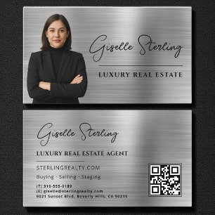 Carte De Visite Immobilier QR Code Photo Faux Silver Metallic
