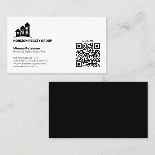 Carte De Visite Immobilier simple noir et blanc QR Code One Side (Devant / Derrière)