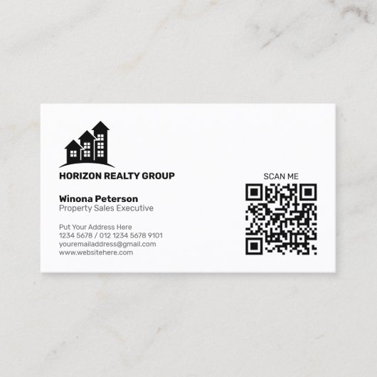Carte De Visite Immobilier simple noir et blanc QR Code One Side (Devant)
