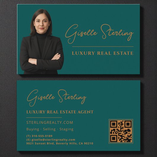 Carte De Visite Immobilier Turquoise cuivre QR Code Script Luxe