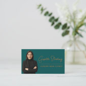 Carte De Visite Immobilier Turquoise cuivre QR Code Script Luxe (Debout devant)