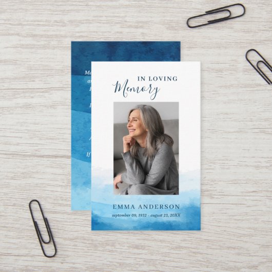 Carte De Visite In Love Memory Photo Funeral Blue Prayer Card (Devant/Arrière en situation)