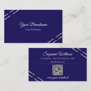 Carte De Visite Indigo Bleu avec Lignes Argentées et Code QR Éléga