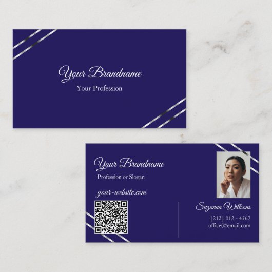 Carte De Visite Indigo Bleu avec Lignes Argentées Photo et Code QR (Devant / Derrière)