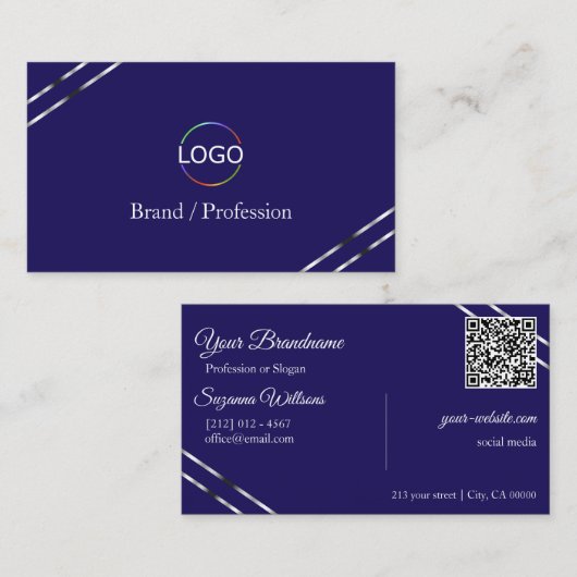 Carte De Visite Indigo Bleu avec Logo Lignes Argent et Code QR (Devant / Derrière)