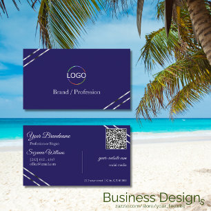 Carte De Visite Indigo Bleu avec Logo Lignes Argent et Code QR