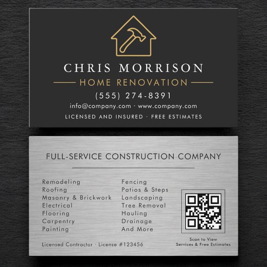Carte De Visite Industrial Metallic Home Renovation QR Code