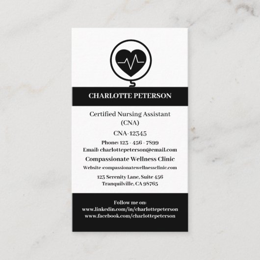 Carte De Visite Infirmière moderne Noir & Blanc CNA (Devant)