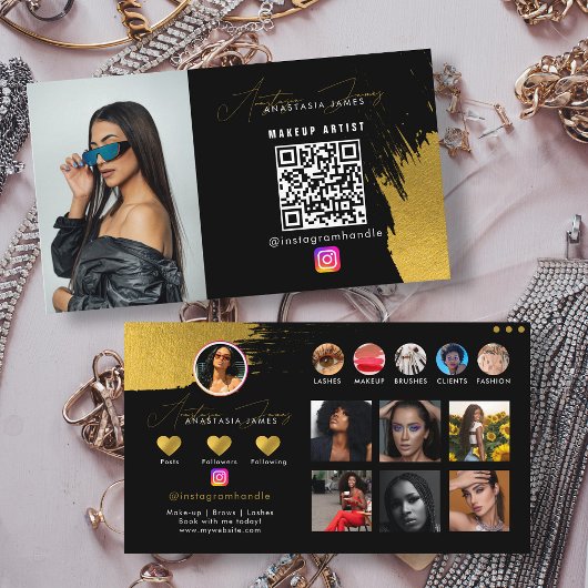 Carte De Visite Influencer Black & Gold Social Media QR Code