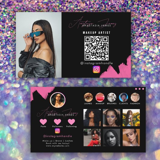 Carte De Visite Influencer Black & Pink Social Media Code QR