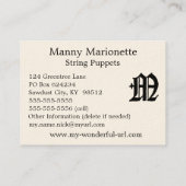 Carte De Visite Initiale anglaise classique gothique de la lettre (Dos)