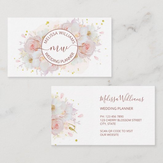 Carte De Visite Initiales de logo Fleurs de Teint Blanc (Devant / Derrière)