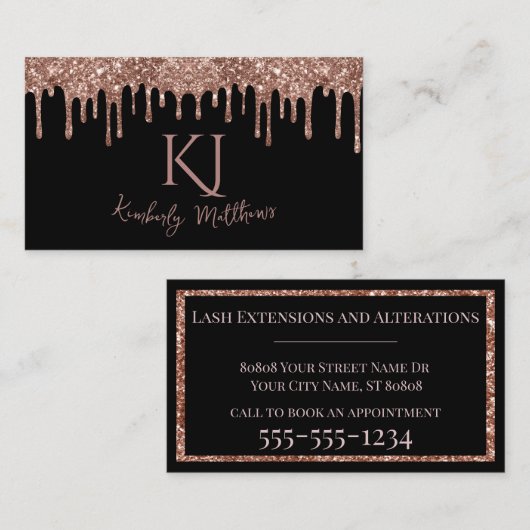 Carte De Visite Initiales de monogramme à paillettes de rose gold  (Devant / Derrière)