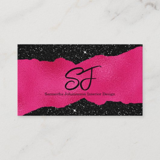 Carte De Visite Initiales de monogramme sur noir luxueux et rose c (Devant)