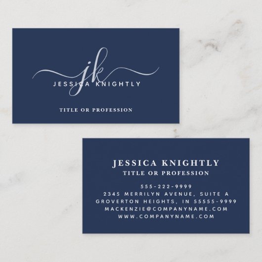 Carte De Visite Initiales de script de monogramme bleu élégant (Devant / Derrière)