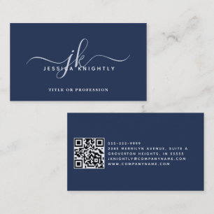Carte De Visite Initiales de script de monogramme bleu élégant QR 
