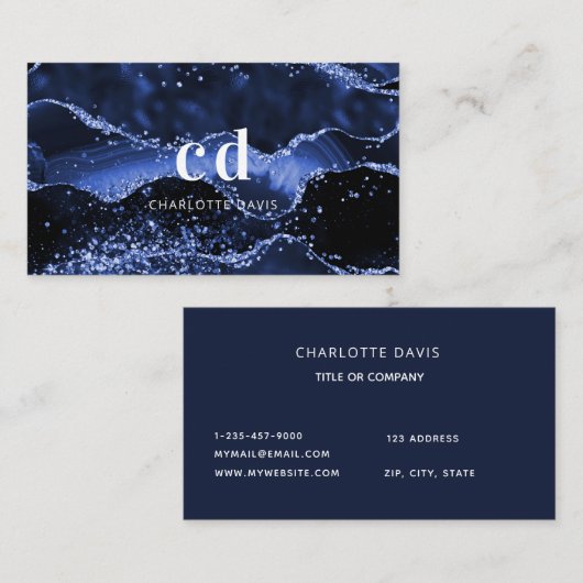 Carte De Visite Initiales en marbre bleu agate marbre (Devant / Derrière)