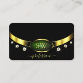 Carte De Visite Initiales et diamants en marbre vert foncé et or n (Devant)