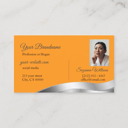 Carte De Visite Initiales et photo de déco argentée orange classiq (Dos)