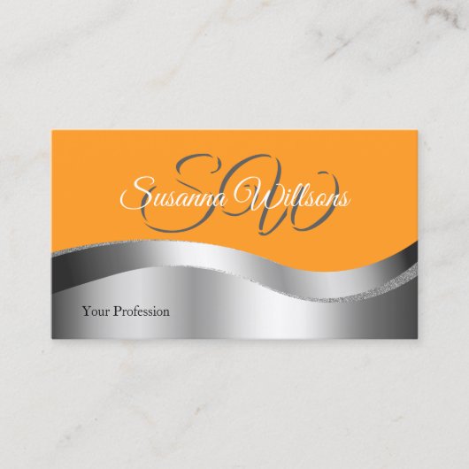 Carte De Visite Initiales et photo de déco argentée orange classiq (Devant)